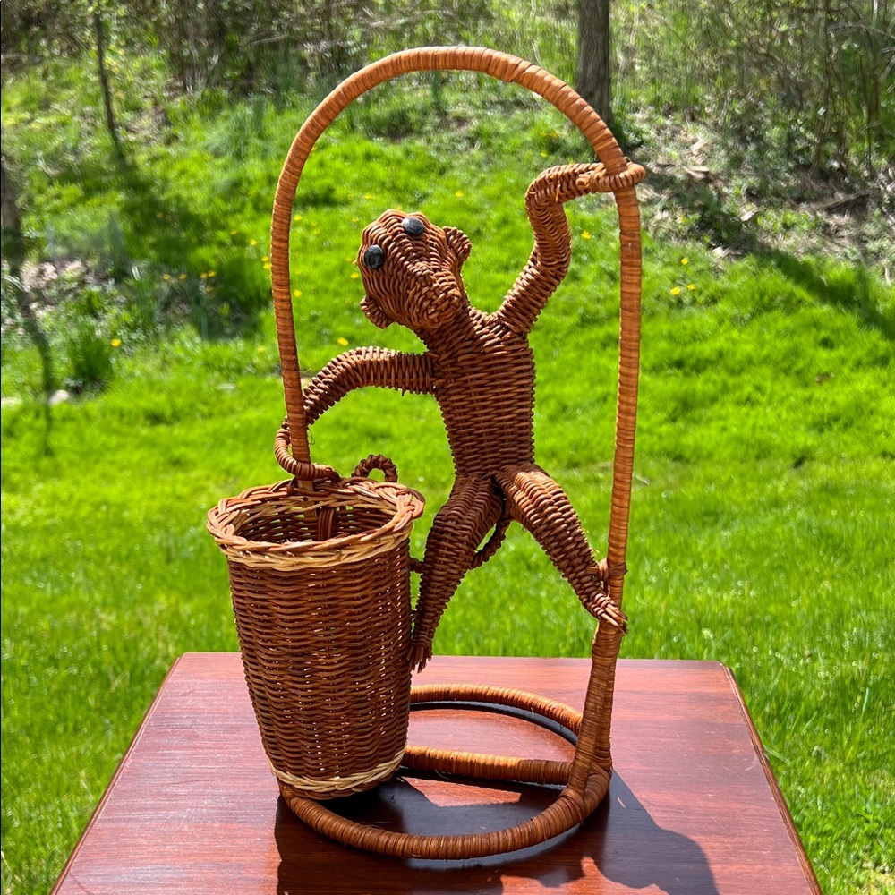 Vintage Figural Monkey Woven Wicker Rattan Basket Planter Pot Vase Boho MCM